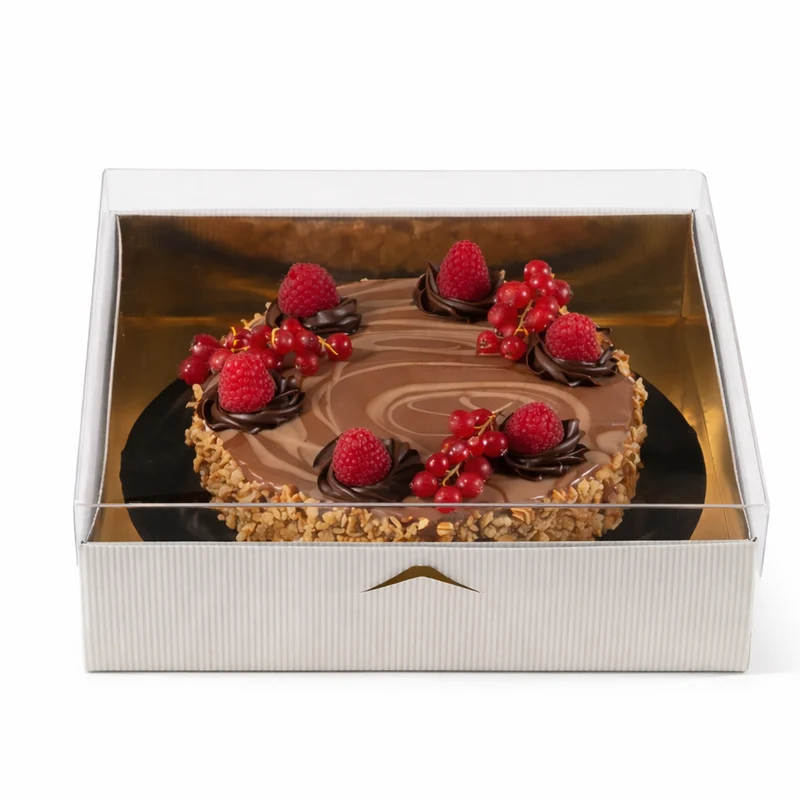 Scatola Quadrata per Torte e Pasticceria – Coperchio Trasparente, Interno Oro ed Esterno Bianco