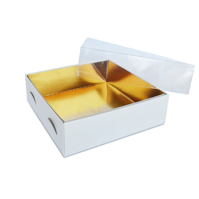 Scatole per dolci bianche con interno oro e coperchio trasparente – Confezione da 50 pezzi