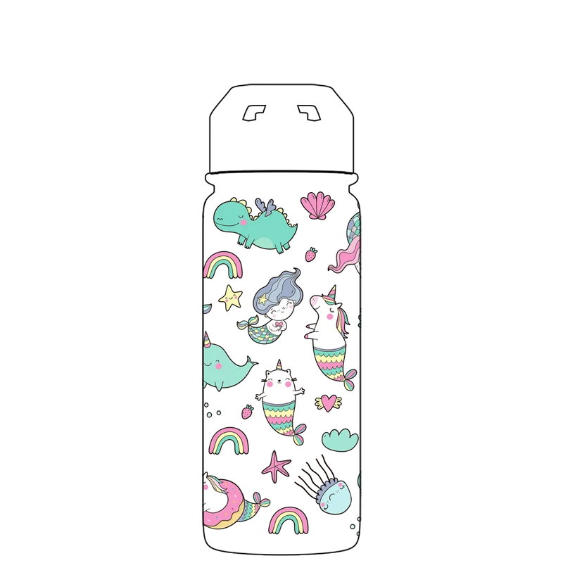 Water bottle with straw - Gen 2 Mermaids & Unicorns Pattern