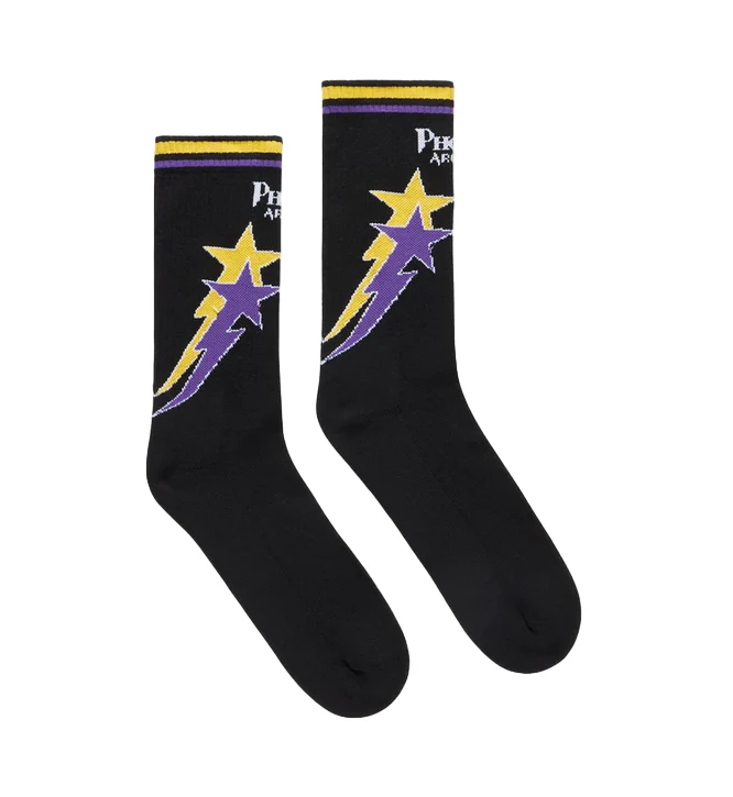 Phobia calza nera da adulti con fulmini stellati jacquard gialli e viola PHA00689 taglia unica