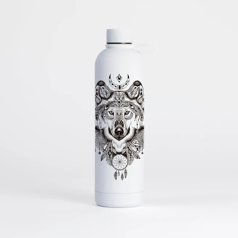 Proworks Pulse 1 Litre Water Bottle - Wolf Aztec Pattern - Pure White