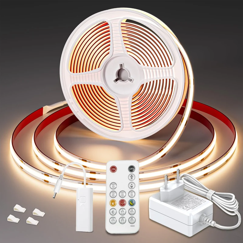 WOBSION Striscia LED Cucina COB 5 Metri Dimmerabile con RF Telecomando,Bianco Naturale Strisce Kit 4000K per Festa,la Casa,Bar,Camera e Armadio,24V GS Alimentatore Luminoso Luci da 320LEDs/M,CRI90+