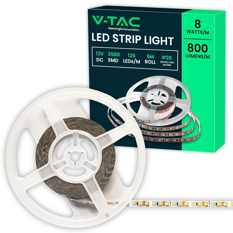 V-TAC Striscia Led da Interno SMD 3528 8W - 5 Metri - Strisce LED Adesiva per Casa, Cucina, Camera, Ambienti Interni - Luce Bianca Naturale 4000K - Nastro LED Luminoso 800 Lumen - Alimentata 12V