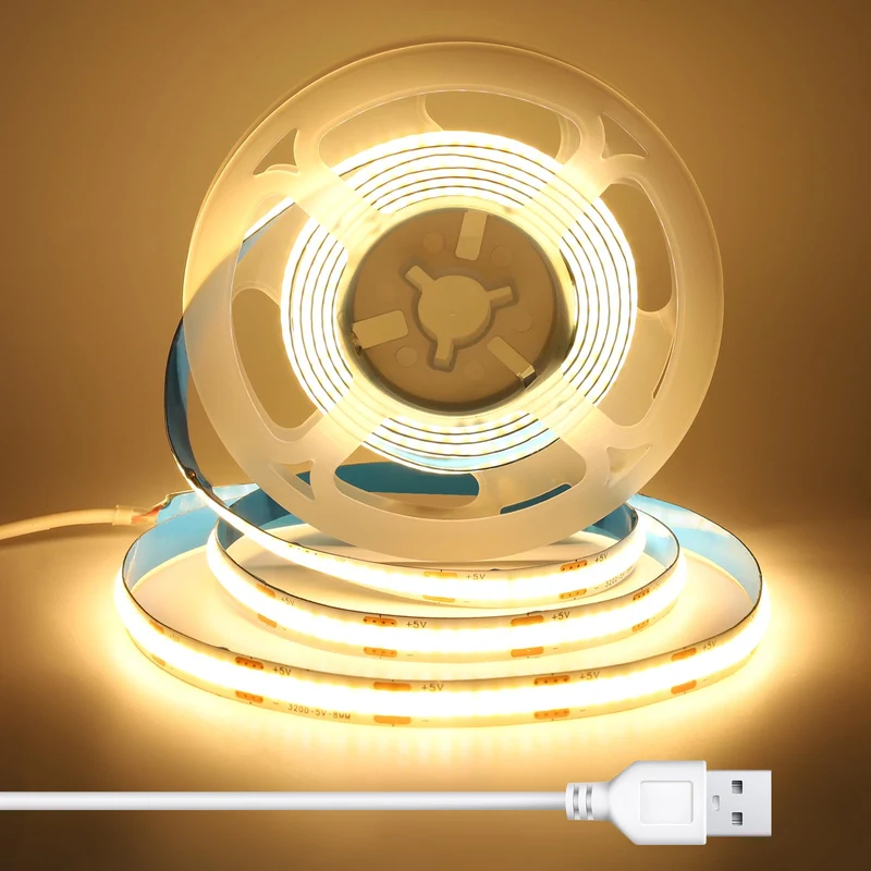 BERIXDEEP Striscia LED COB 1 Metri con Cavo USB 1.5 m, larghezza 8 mm, CRI 92+, 5 V per retroilluminazione TV, testiera, sottopensile, Striscia LED Bianco Caldo per illuminazione Aggiuntiva, 3000K