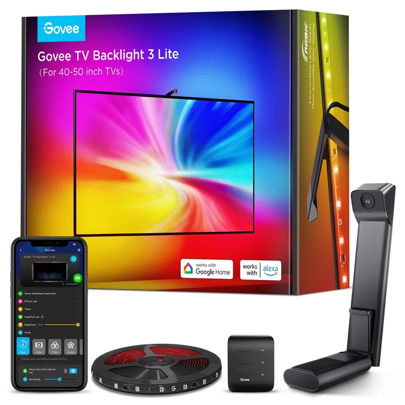 Govee LED TV Retroiluminación 3 Lite con Camera Sync per TV da 40-50 Pollici, Striscia TV Wi-Fi RGBICW da 2,4M con Funzione di Correzione Fish-Eye