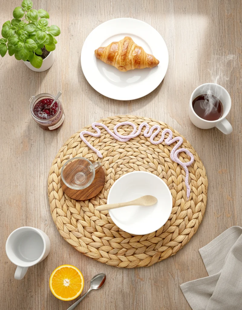 Tovaglietta da colazione in giacinto d'acqua con scritta in tricotin