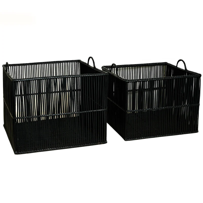 Set 2 Contenitori grandi Rain in rattan color Nero, dim. 55x55x50 e 50x50x45 cm