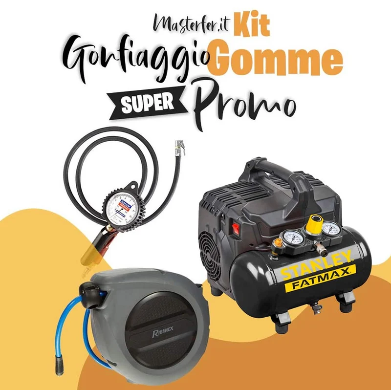 Kit gonfiaggio pneumatici - Compressore Stanley DST 101/8/6 super silenzioso - Pistola Michelin by Schrader - Avvolgitubo 9 metri