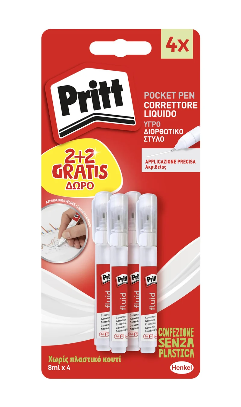 Correttore a Penna Pritt Pocket Pen 8 ml con Punta in Metallo - 2 + 2 pezzi