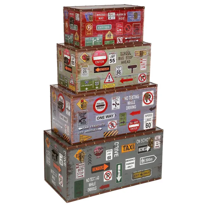 Baule Stampato City in Legno con Stickers Grigio 80 x 40 x 40 cm
