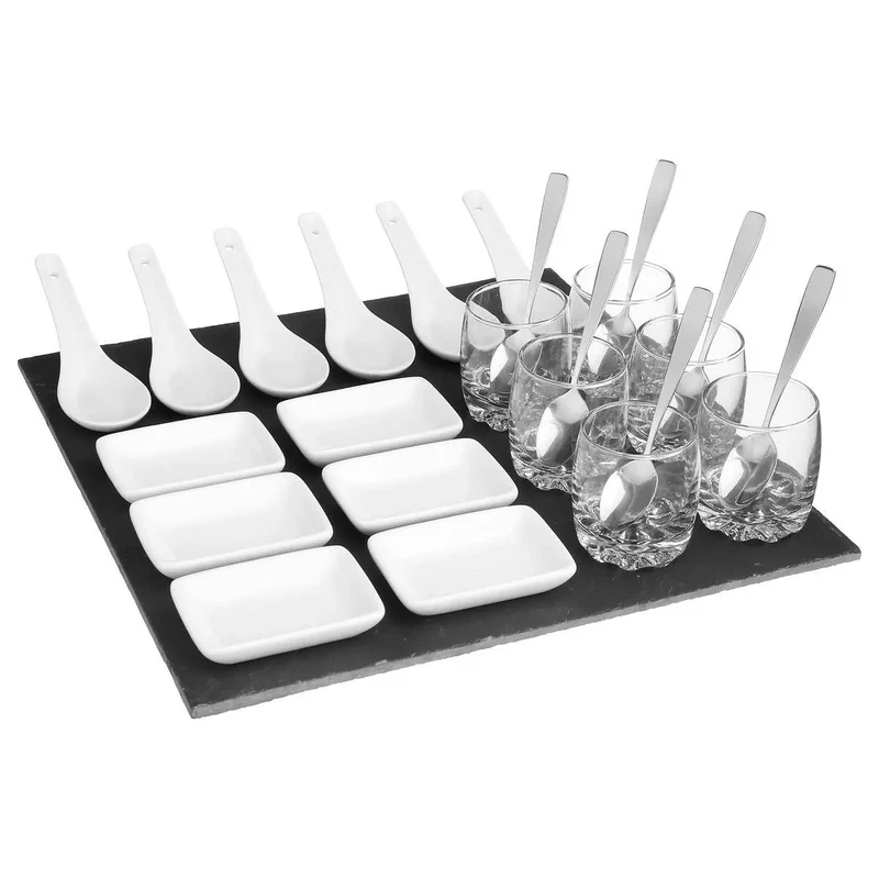 Set da Aperitivo con Vassoio in Ceramica, Vetro, Acciaio e Ardesia - 25 pezzi