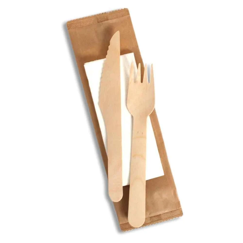 Bis Posate in Legno Naturale + Tovagliolo 2 Veli - 50 pezzi