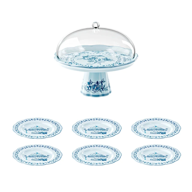 CAKE STAND WITH DOME AND 6 COORDINATED DESSERT PLATES "JOSEPHINE"