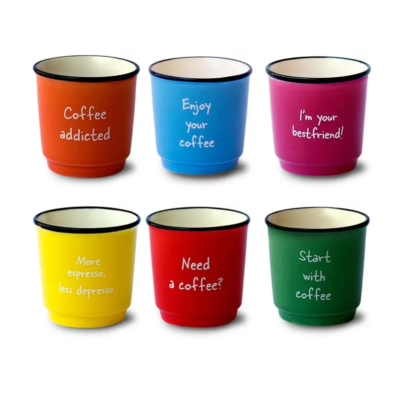 Set 6 Tazzine da Caffè Colorate con Frasi