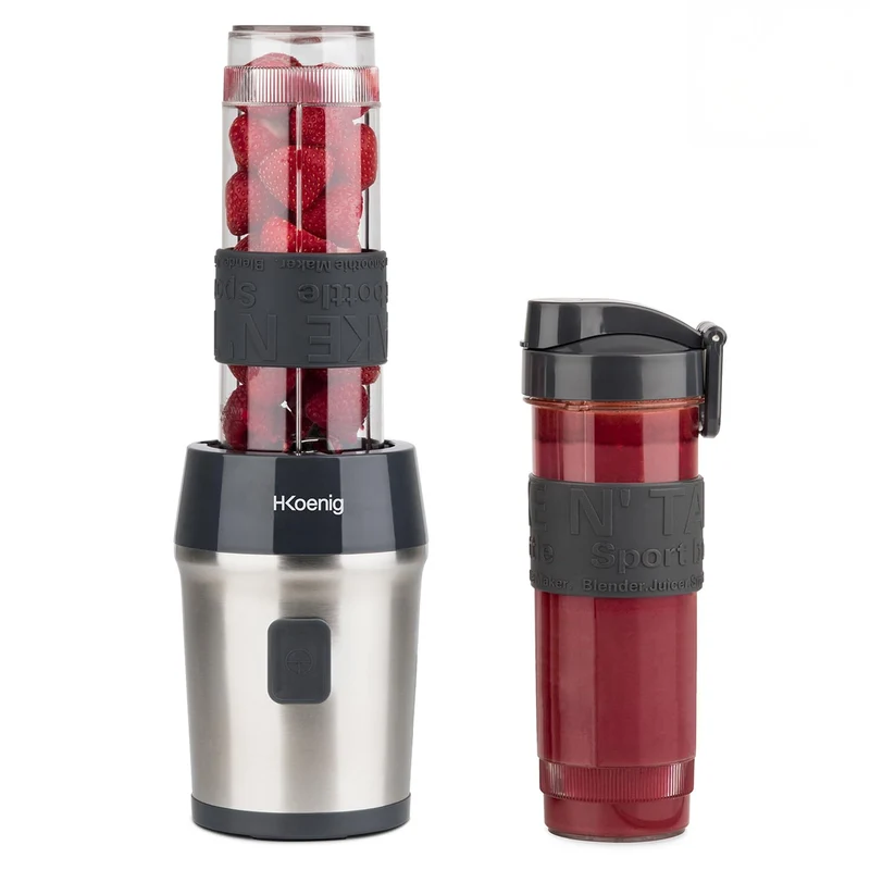 H.Koenig Mini frullatore SMOO9 Smoothie Maker, 570mL, 300W, 4 lame in acciaio inox, senza BPA, 2 bottiglie portatili da viaggio, frullati e frappé, Grigio