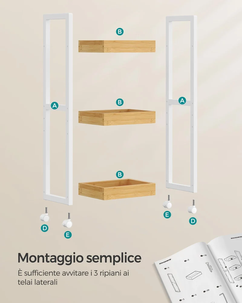 SONGMICS Carrellino Salvaspazio, Carrello Bagno, Mobiletto Bagno Stretto a 3 Ripiani con Ruote, Bambù, 20 x 30 x 80 cm, Bianco e Naturale BCB083N02