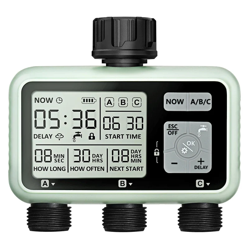 Johgee Computer di irrigazione con 3 uscite controllate indipendentemente, orologio di irrigazione digitale con display LCD, controllo automatico/manuale