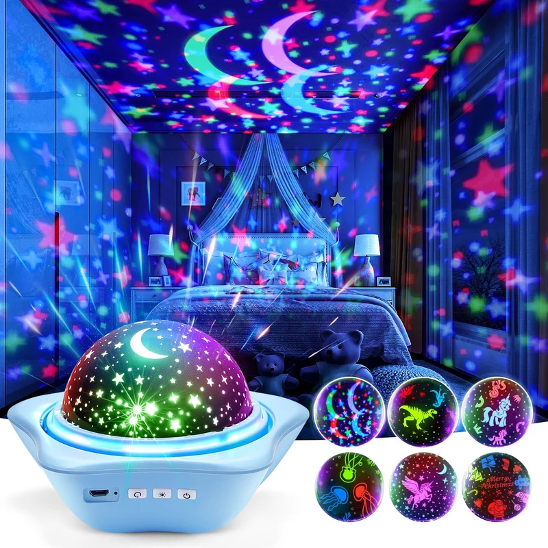 One Fire Proiettore Stelle Soffitto Bambini, 45 Modalità Luce Notturna, 3 Film 360° Rotazione Lampada Ricaricabile Cameretta Regalo