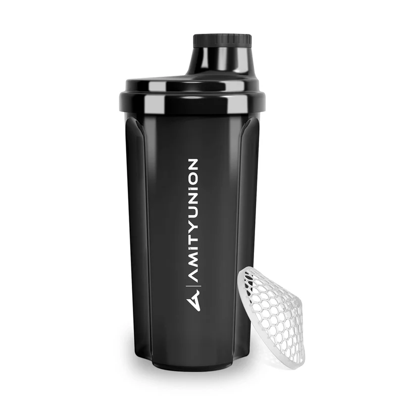 AMITYUNION Shaker per proteine 500 ml Heaven a prova di perdite, senza BPA con setaccio cliccabile e scala per frullati cremosi di siero di latte, shaker per proteine, originale in nero