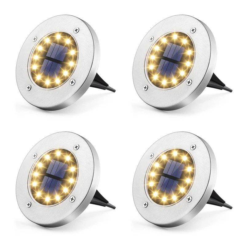 Solpex Luci da pavimento a energia solare, 12 LED, 4 pezzi, bianco caldo, in acciaio inox, impermeabile, per esterni, giardino, terrazza, prato, cortile, passerella