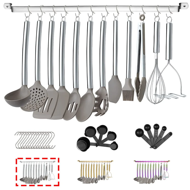 38 Pezzi Set Di Utensili Da Cucina Con Portautensili, Testa In Silicone E Manico In Inossidabile Pentole, Da Cucina Per Di Utensili, Gadget Da Cucina Antiaderenti, Lavabili In Lavastoviglie (Argento)