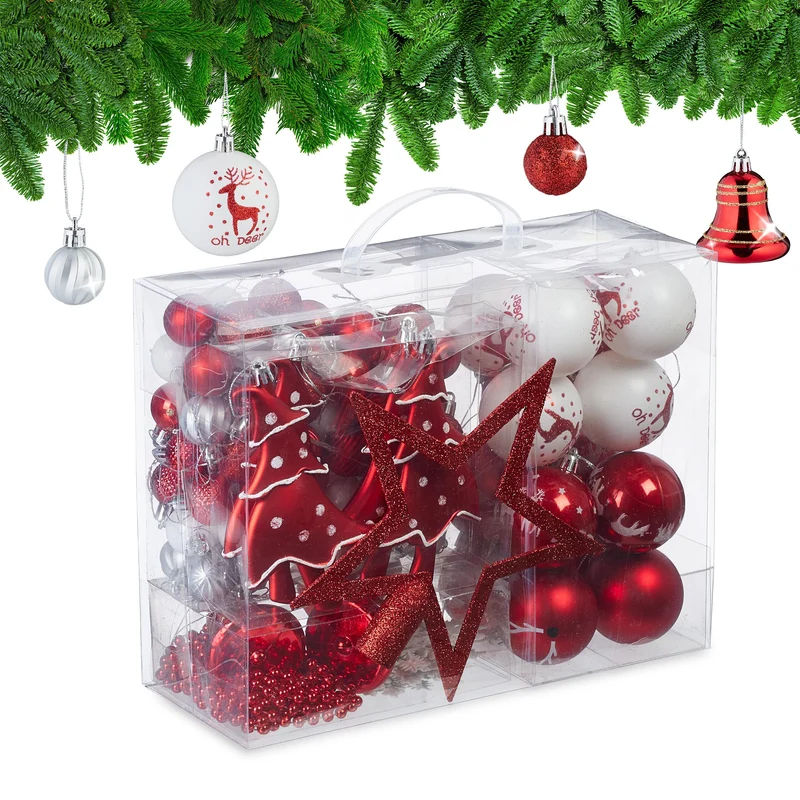 Relaxdays Palline di Natale, Set 103 Addobbi Natalizi in Plastica, Decorazioni per Albero in Vari Design, Rosso Bianco