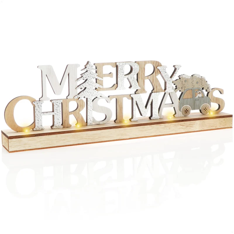 COM-FOUR® Scritta natalizia illuminata LED su base in legno - scritta decorativa da posare per Natale - luce d'atmosfera con timer (color argento)