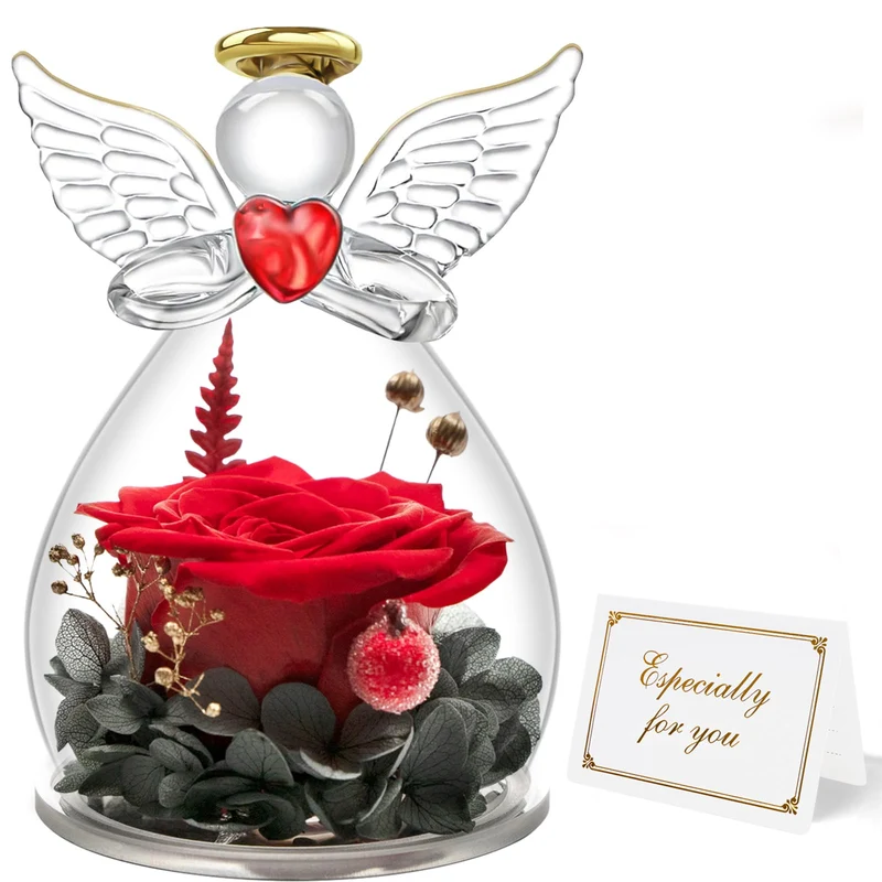 Miofula Rosa Stabilizzata Vera Regalo Donna Compleanno,Rosa Eterna Figurine Angelo Regalo Mamma Nonna,Fiori Stabilizzati Regalo Anniversario per Lei,Regali Natale Donna San Valentino Regali Fidanzata