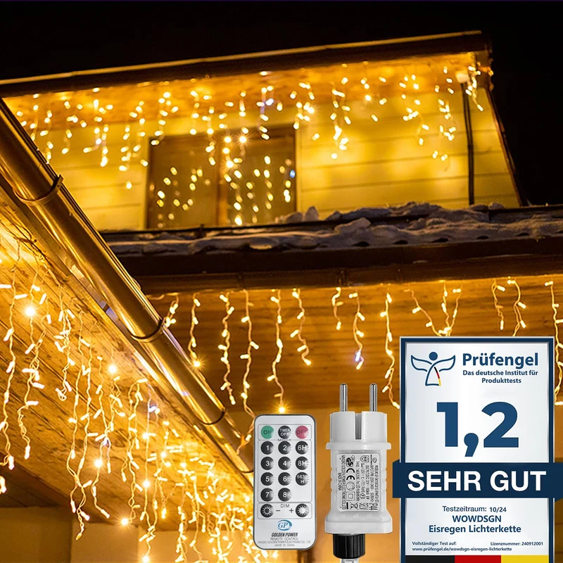 WOWDSGN Luci di Natale da Esterno Cascata 10M 440 LED, Tenda Luminosa Esterna, 8 Modalità Tenda Luminosa Esterno con Impermeabile Decorazioni Giardino per Esterno Bianco Caldo
