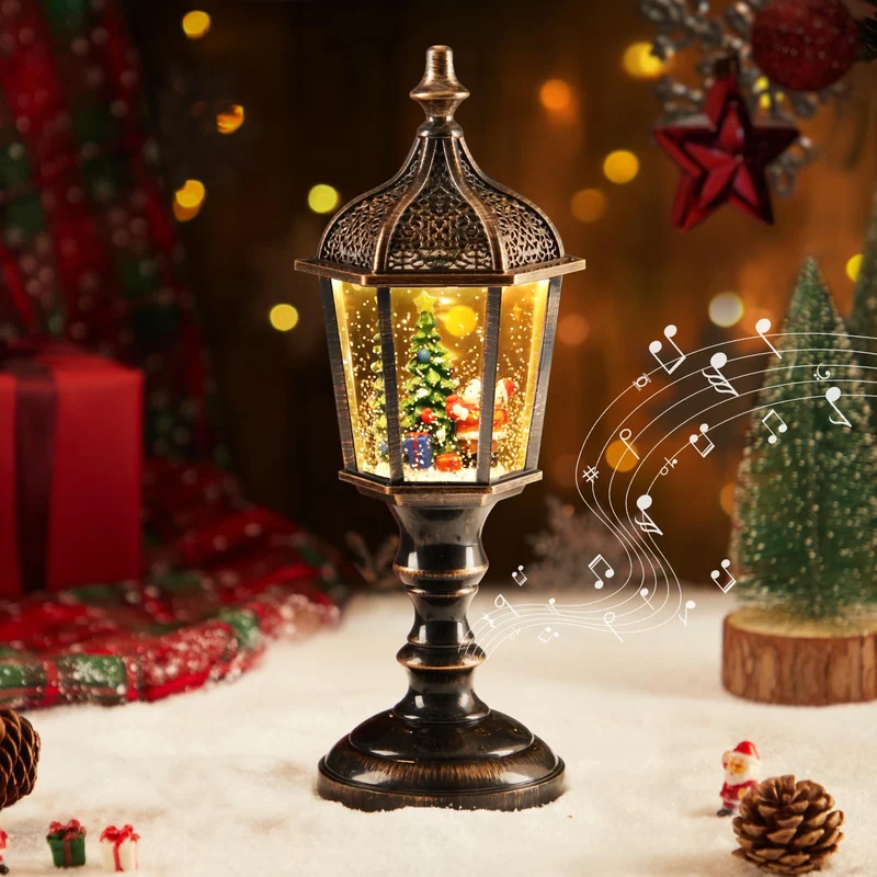 Auniq Lanterna di Natale a globo di neve con musica, Globo di Neve Natalizio Lanterna Retro Lampione Stradale LED Musicale Babbo Natale e Fiocco di Neve-Lampada di Natali, Luce notturna Natali Regalo