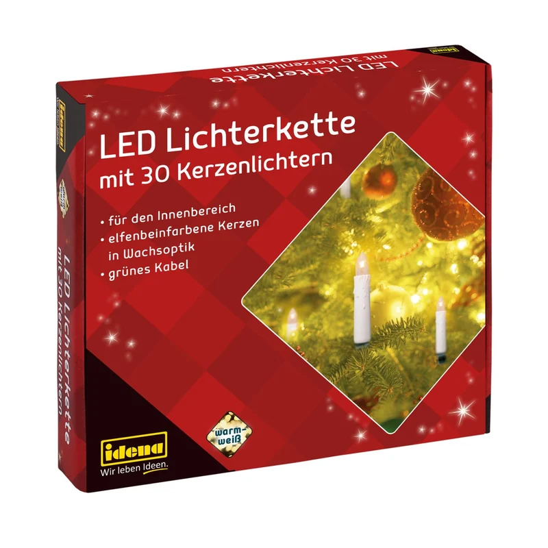 Idena 38192 - Catena di candele a LED con 30 LED in bianco caldo, 30 candele con morsetti, con spina di rete, per uso interno, come decorazione per l'albero di Natale e il bouquet di Natale