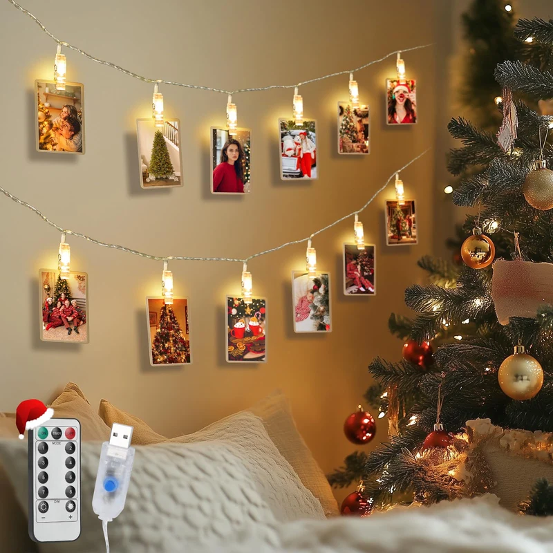 Aigostar Catena luminosa con clip da 10 m e 80 LED con 80 clip per appendere foto, Catena luminosa con telecomando, Clip per foto, Decorazione ghirlanda per Natale, Camere, Matrimoni (Bianco caldo)