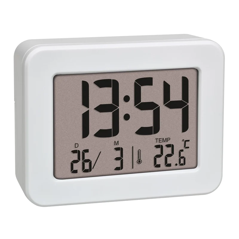 TFA Dostmann Mini sveglia con temperatura, 60.2044.02, orologio da tavolo, funzionamento a batteria, con data e termometro interno, sveglia da viaggio, piccolo, bianco