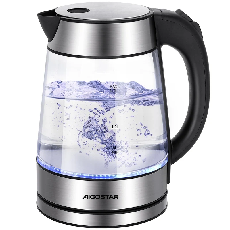 Aigostar Chubby - Bollitore Acqua Elettrico Acciaio Inox e Vetro Trasparente Borosilicato con LED illuminazione, Senza BPA, 1,7 litri, 2200W, Filtro Rimovibile, Spegnimento Automatico, base 360º