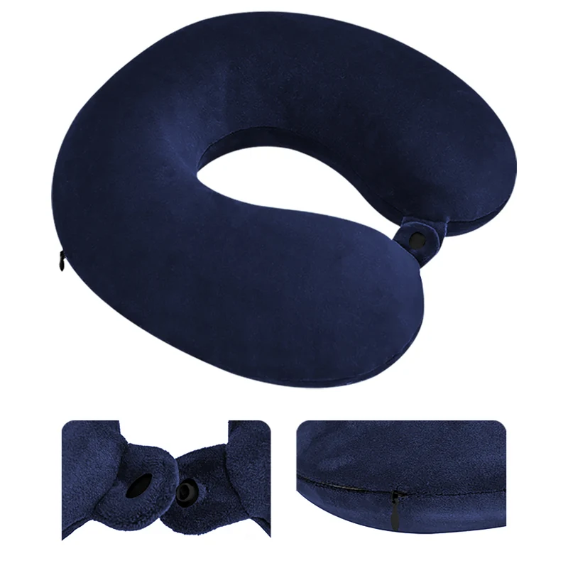 Cuscino Da Viaggio Semicircolare In Memory Foam 33x26Cm Sfoderabile Lavabile Antistress A Forma Di Memoria Traspirante Igienico Colore Blu Navy Prodotto Certificato Oeko Tex