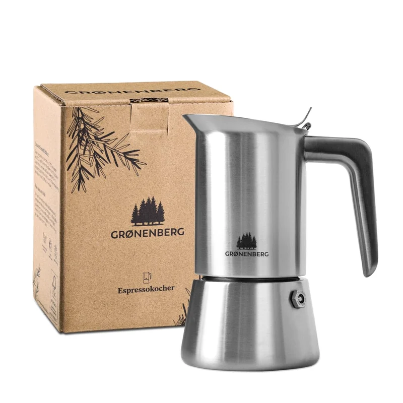 Groenenberg Moka induzione 4 Tazze (200 ml) | Caffettiera induzione (Acciaio Inox) | Moka con Guarnizione di ricambio & istruzioni